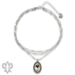 Three strand chain necklace with oval rhinestone pendant
