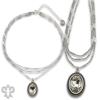 Three strand chain necklace with oval rhinestone pendant