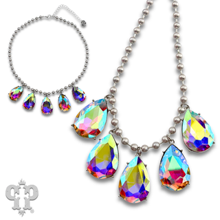 Ball chain necklace with large rhinestone teardrop charms
