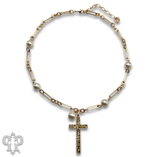 Gold and pearl bead necklace with cross pendant