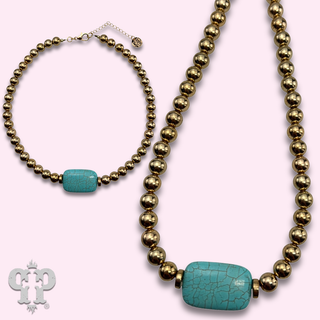 Gold bead and turquoise slab necklace