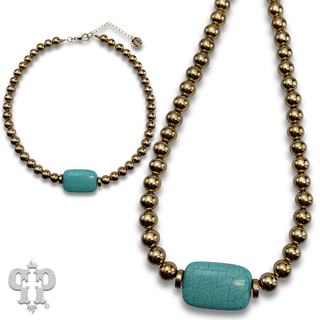 Gold bead and turquoise slab necklace