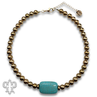 Gold bead and turquoise slab necklace