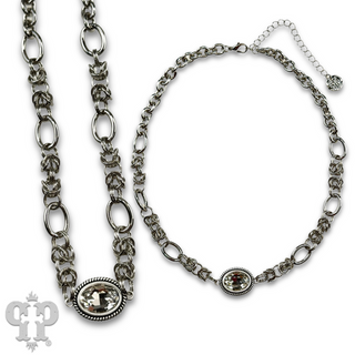 Horizontal oval crystal pendant on chain necklace