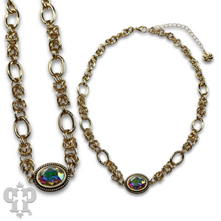 Horizontal oval crystal pendant on chain necklace