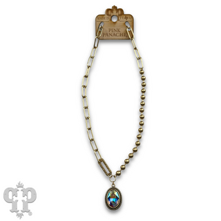 Vertical oval crystal pendant on mixed chain necklace