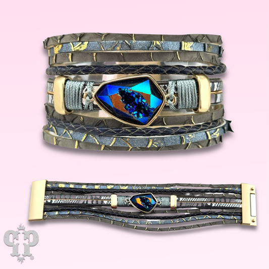 Blue druzy, green leather magnetic bracelet, last call