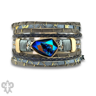 Blue druzy, green leather magnetic bracelet