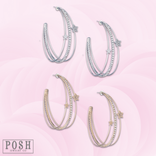 Triple hoop rhinestone and star earring, last call