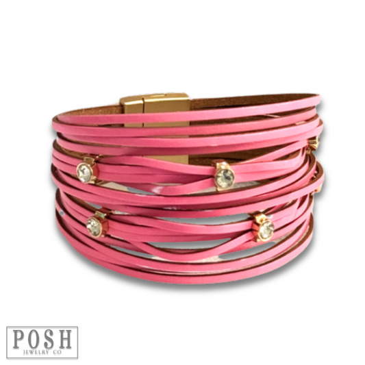 Leather and rhinestone magnetic bracelet