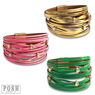 Leather and rhinestone magnetic bracelet