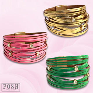 Leather and rhinestone magnetic bracelet