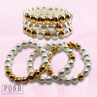 Pearl and gold oval bead bracelet set