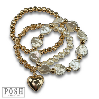Pearl and gold bead heart charm bracelet