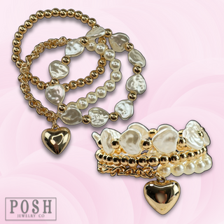 Pearl and gold bead heart charm bracelet