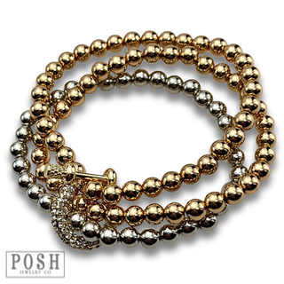 Three strand beaded bracelet stack with rhinestone horse bit equestrian charm