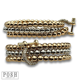 Three strand beaded bracelet stack with rhinestone horse bit equestrian charm
