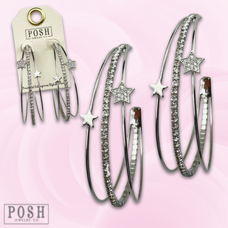 Triple hoop rhinestone and star earring