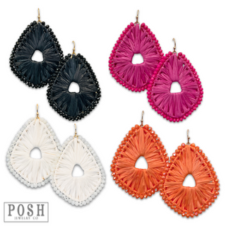 Raffia and bead wrapped teardrop earring