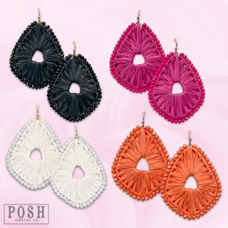 Raffia and bead wrapped teardrop earring