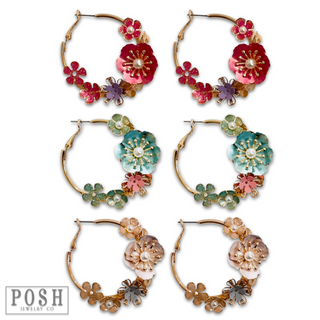 Metallic flower hoop earring, last call