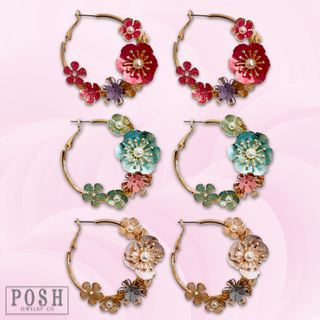 Metallic flower hoop earring, last call