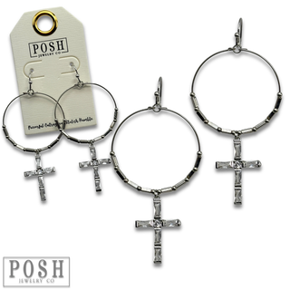 Silver and rhinestone cross earring