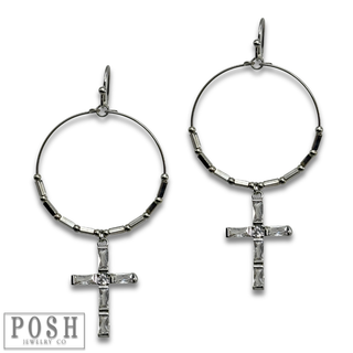Silver and rhinestone cross earring