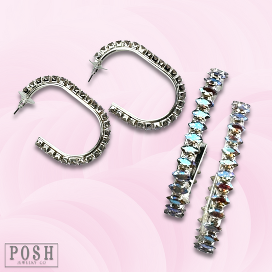 Rhinestone oval shape hoop earring