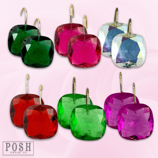 Large acrylic faceted square rhinestone on a hook earring