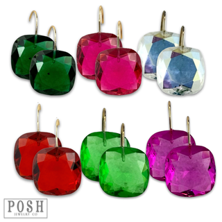 Large acrylic faceted square rhinestone on a hook earring