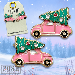 Pink car and Christmas tree earring