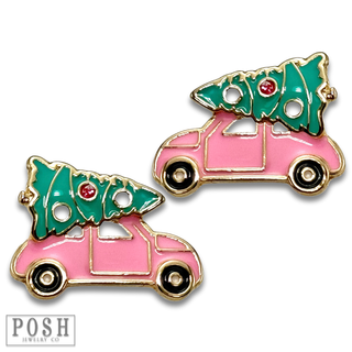 Pink car and Christmas tree earring