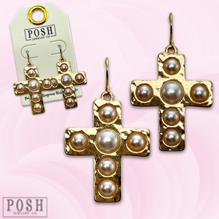 Pearl bead cross earring