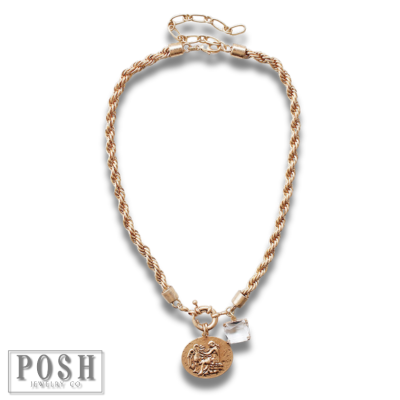 Gold coin charm and rope chain necklace, last call