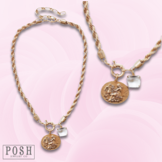 Gold coin charm and rope chain necklace, last call