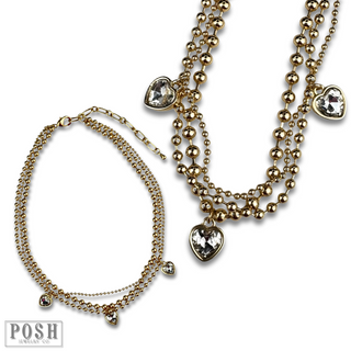 Three strand rhinestone heart charm necklace