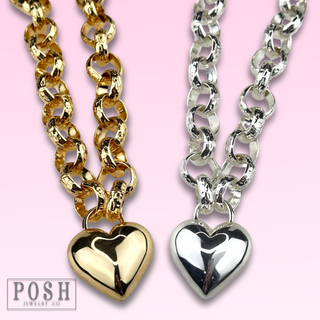 Puffed heart and chunky chain necklace