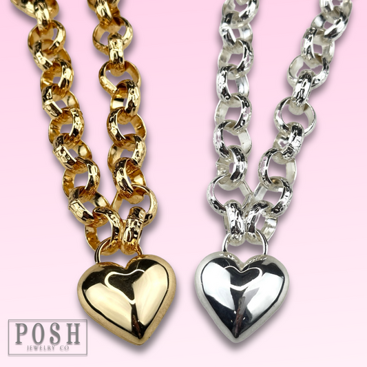 Puffed heart and chunky chain necklace