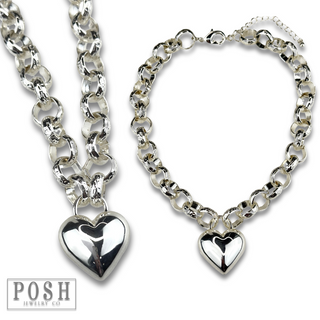 Puffed heart and chunky chain necklace