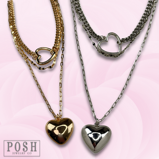 Three strand puffed heart charm necklace