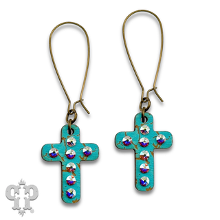 Mini wood cross earring with Austrian crystals