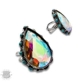 Rhinestone, bead studded teardrop ring