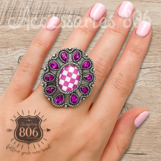 Western oval rhinestone ring with checkerboard inlay