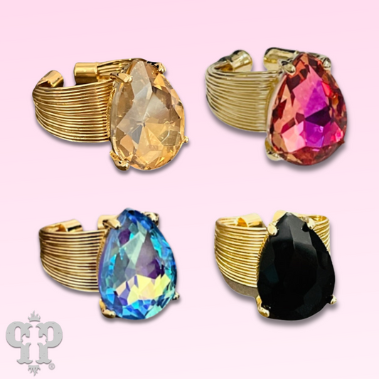 Faceted teardrop rhinestone adjustable ring
