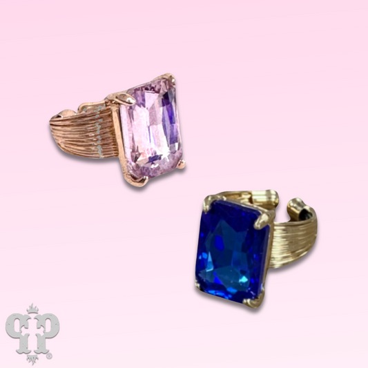 Faceted rectangle rhinestone adjustable ring