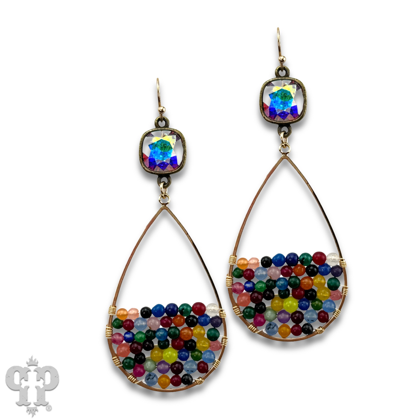 Multi-color wrapped bead teardrop, Austrian crystal earring, last call