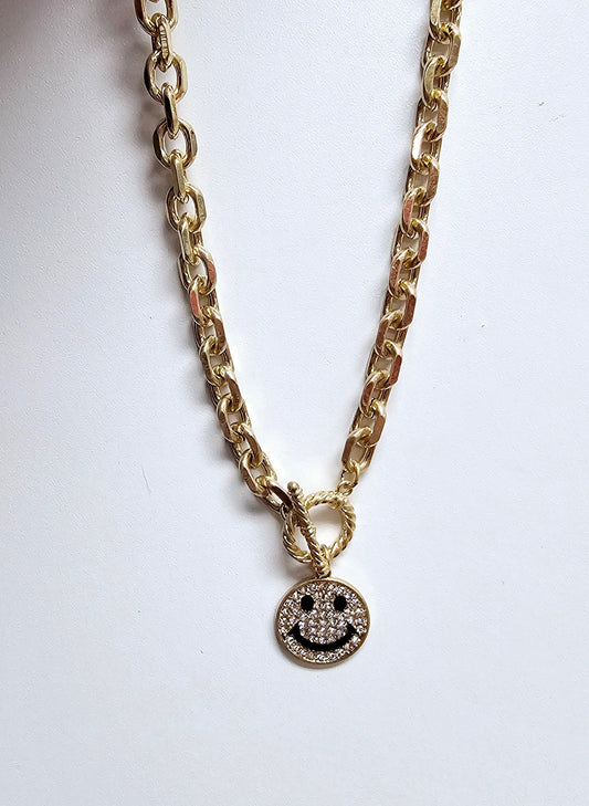 Gold happy face charm necklace, last call
