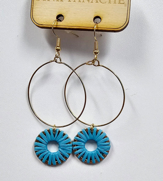 Gold circle with blue round charm earring, last call