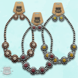 Burnished bead, stone flower necklace set, last call